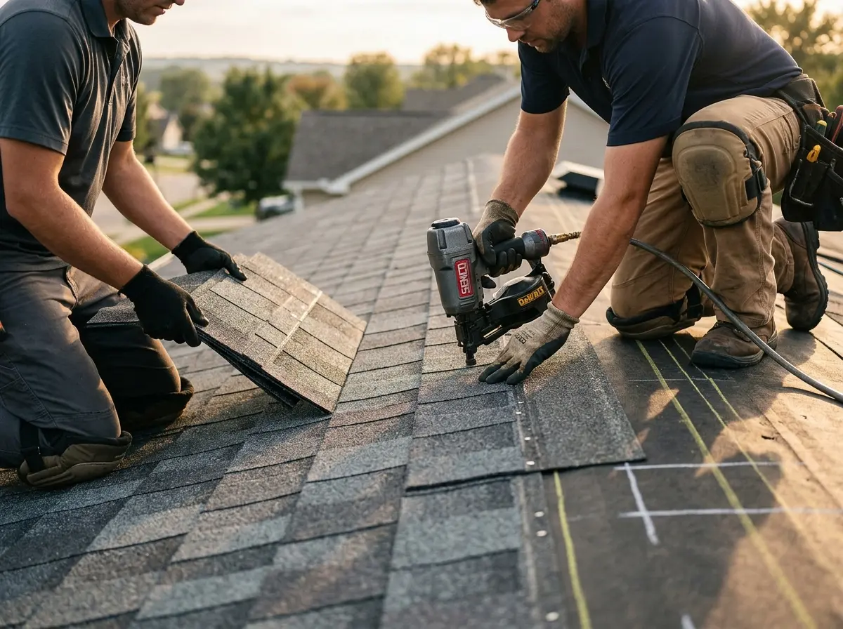 Professional roofer working on a residential roof in Dakota Dunes
